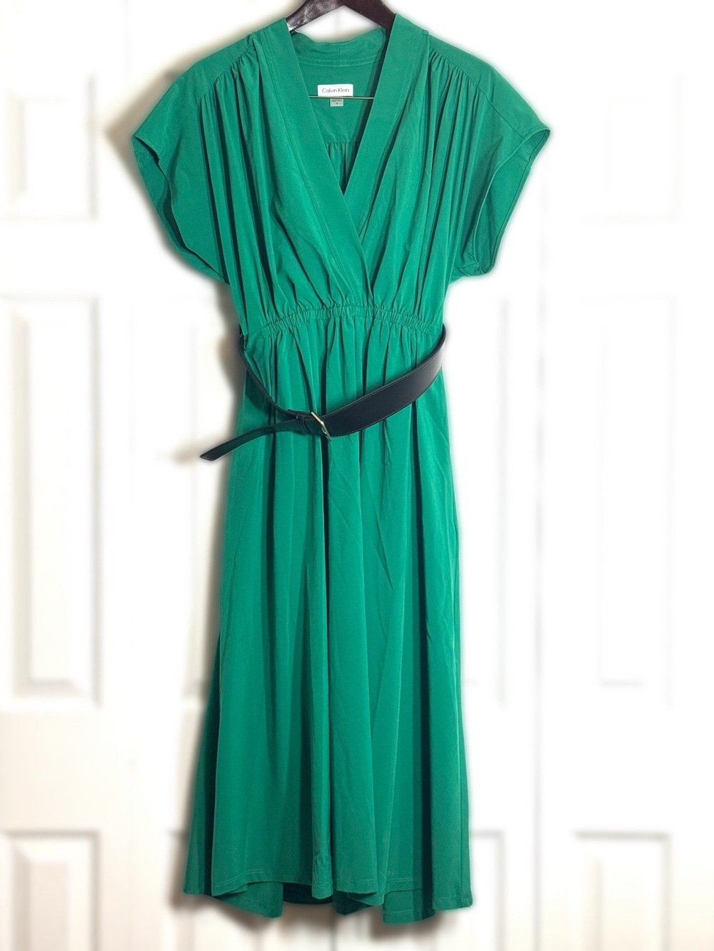 Calvin Klein Emerald Green Midi V-neck Dress Elastic Waist with Black Belt Sz 10